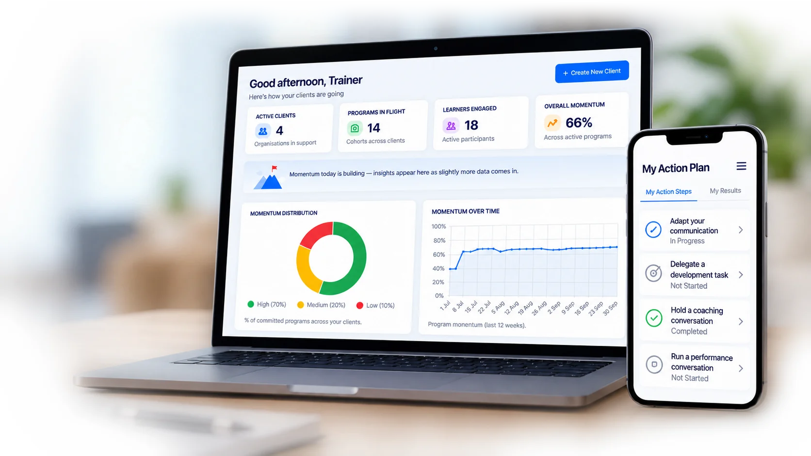 The Applica trainer dashboard on a laptop alongside the My Action Plan view on a phone